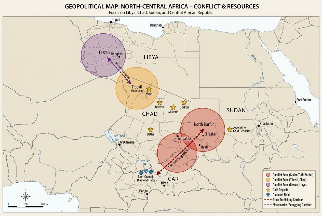 Carte géopolitique : Afrique du Nord-Centrale — conflits et ressources (Libye, Tchad, Soudan, RCA)